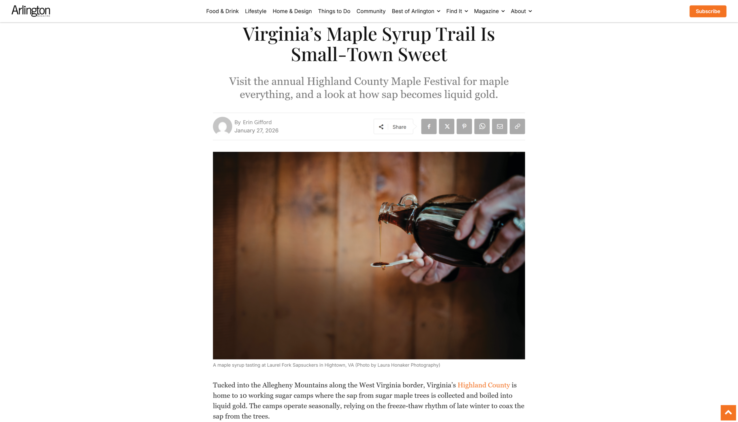 Screenshot of the "Virginia’s Maple Syrup Trail Is Small-Town Sweet" article on the Arlington Magazine website